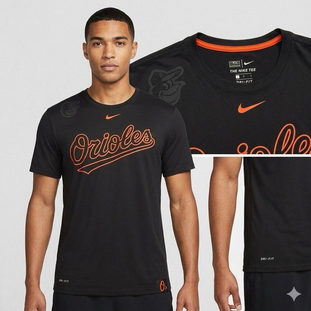 Nike Baltimore Orioles Dri-FIT MLB Shirt Black Orange Script Bird Mens L NWOT